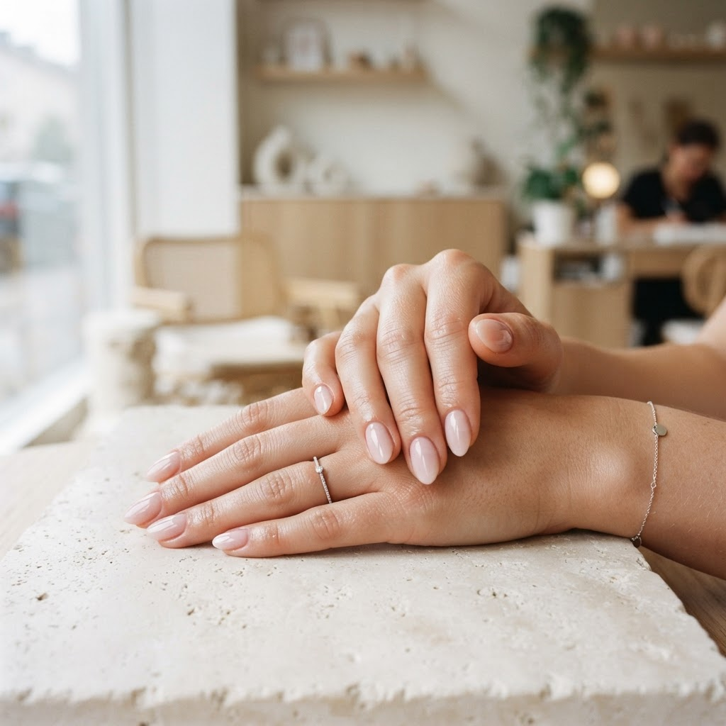 Rosa ombrénaglar med mjuk mandelform utförda på Borås Nailroom